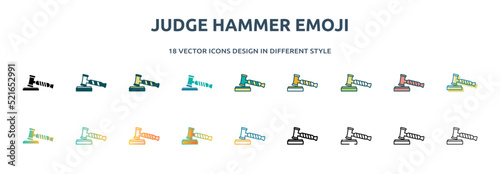 judge hammer emoji icon in 18 different styles such as thin line, thick line, two color, glyph, colorful, lineal color, detailed, stroke and gradient. set of judge hammer emoji vector for web, photo