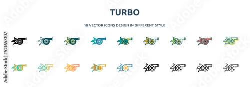 turbo icon in 18 different styles such as thin line, thick line, two color, glyph, colorful, lineal color, detailed, stroke and gradient. set of turbo vector for web, mobile, ui