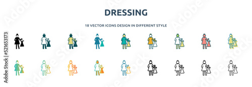 dressing icon in 18 different styles such as thin line, thick line, two color, glyph, colorful, lineal color, detailed, stroke and gradient. set of dressing vector for web, mobile, ui