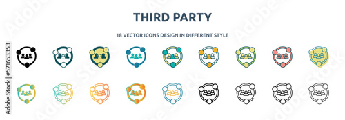 third party icon in 18 different styles such as thin line, thick line, two color, glyph, colorful, lineal color, detailed, stroke and gradient. set of third party vector for web, mobile, ui