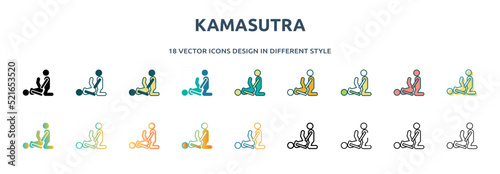 kamasutra icon in 18 different styles such as thin line, thick line, two color, glyph, colorful, lineal color, detailed, stroke and gradient. set of kamasutra vector for web, mobile, ui