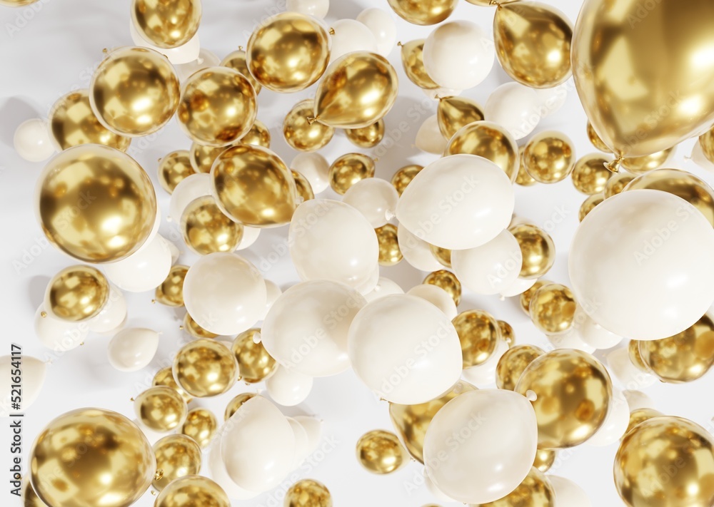 Solemn background with golden and white balloons. 3d rendering. Solemn background with golden and white balloons. 3d rendering.