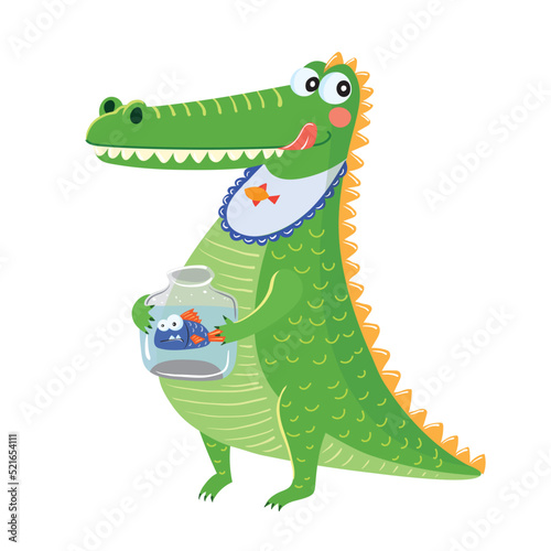 Cute crocodile, funny alligator predator with a fish.