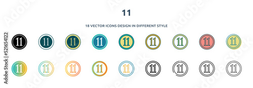 11 icon in 18 different styles such as thin line, thick line, two color, glyph, colorful, lineal color, detailed, stroke and gradient. set of 11 vector for web, mobile, ui