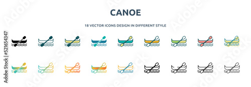 canoe icon in 18 different styles such as thin line, thick line, two color, glyph, colorful, lineal color, detailed, stroke and gradient. set of canoe vector for web, mobile, ui