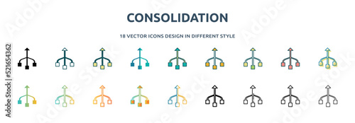 consolidation icon in 18 different styles such as thin line, thick line, two color, glyph, colorful, lineal color, detailed, stroke and gradient. set of consolidation vector for web, mobile, ui