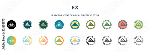 ex icon in 18 different styles such as thin line, thick line, two color, glyph, colorful, lineal color, detailed, stroke and gradient. set of ex vector for web, mobile, ui