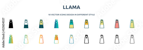 llama icon in 18 different styles such as thin line, thick line, two color, glyph, colorful, lineal color, detailed, stroke and gradient. set of llama vector for web, mobile, ui