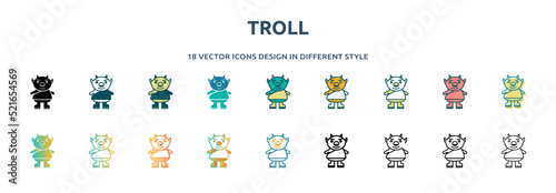 troll icon in 18 different styles such as thin line, thick line, two color, glyph, colorful, lineal color, detailed, stroke and gradient. set of troll vector for web, mobile, ui