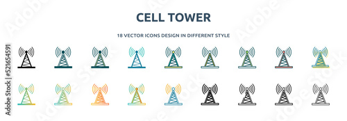 cell tower icon in 18 different styles such as thin line, thick line, two color, glyph, colorful, lineal color, detailed, stroke and gradient. set of cell tower vector for web, mobile, ui