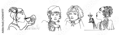 Art Deco woman. Roaring girl drink wine and coffee. 1920s Gatsby female at the holds a glass of cocktail in her hand. Flappers women set. Retro style linear hand drawn vector illustration