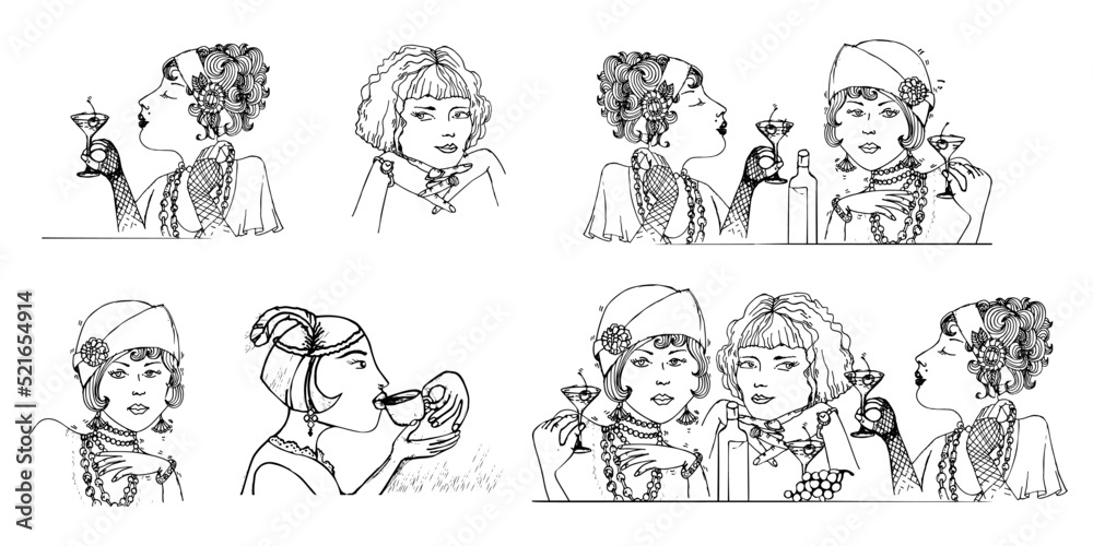 Art Deco woman. Roaring girl drink wine and coffee. 1920s. Gatsby female at the holds a glass of cocktail in her hand. Flappers women set. Retro, Vintage style hand drawn vector illustration Art Deco woman. Roaring girl drink wine and coffee. 1920s. Gatsby female at the holds a glass of cocktail in her hand. Flappers women set. Retro, Vintage style hand drawn vector illustration