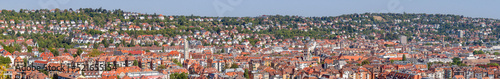 Panorama of Stuttgart West, Germany, Wide view over houses, roofs, churches and buildings on a sunny summer day