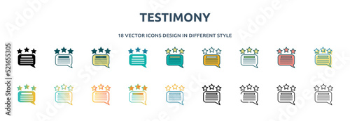 testimony icon in 18 different styles such as thin line, thick line, two color, glyph, colorful, lineal color, detailed, stroke and gradient. set of testimony vector for web, mobile, ui