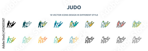 judo icon in 18 different styles such as thin line, thick line, two color, glyph, colorful, lineal color, detailed, stroke and gradient. set of judo vector for web, mobile, ui