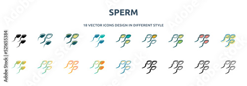 sperm icon in 18 different styles such as thin line, thick line, two color, glyph, colorful, lineal color, detailed, stroke and gradient. set of sperm vector for web, mobile, ui