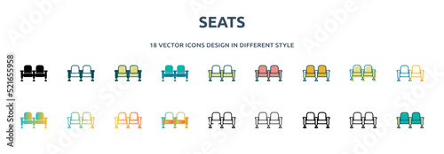 seats icon in 18 different styles such as thin line, thick line, two color, glyph, colorful, lineal color, detailed, stroke and gradient. set of seats vector for web, mobile, ui