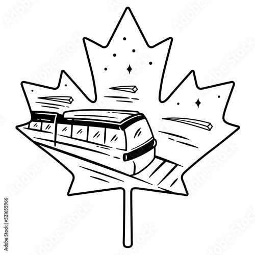 Illustration of canadian high speed train in simple lines. Black line style fast train. Illustration design for apparel products, mugs and enamel pin