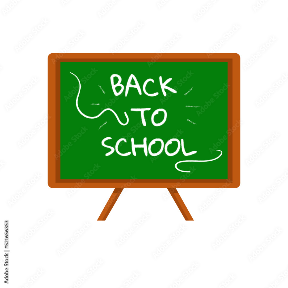 Green school board with text written in chalk. Back to school concept. Flat vector illustration isolated on white background. Time for knowledge, learning and education.
