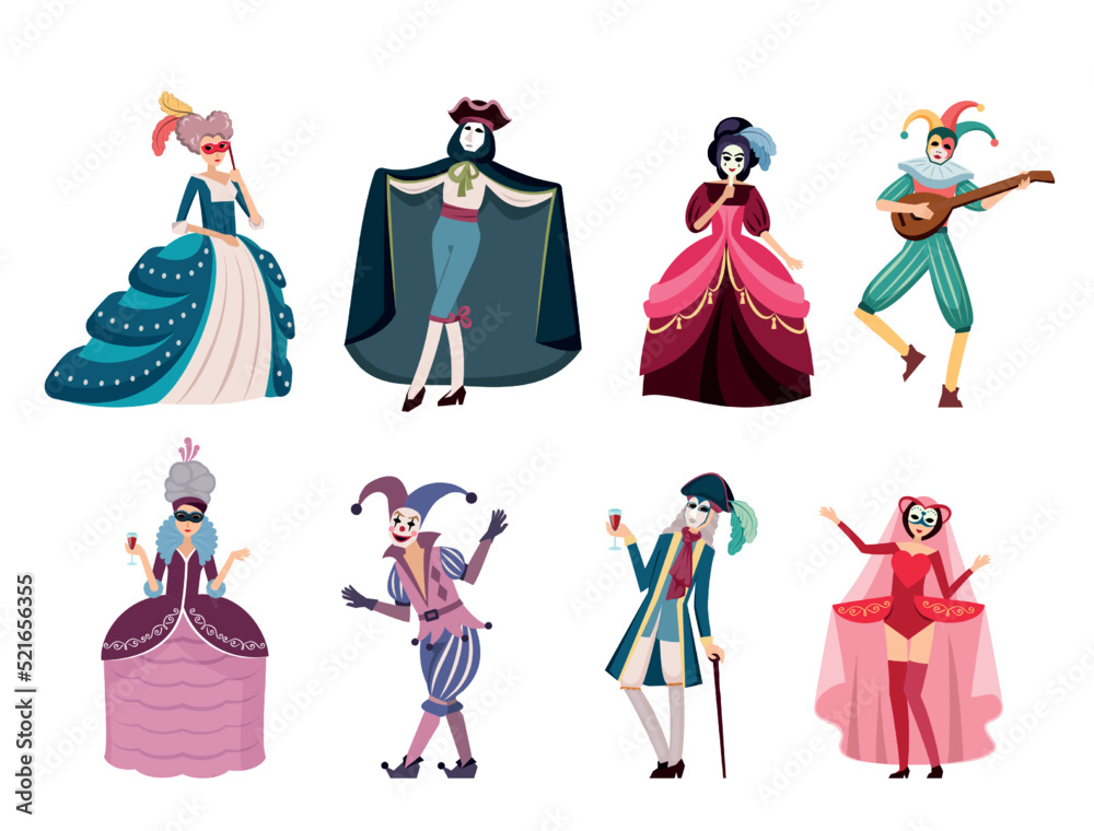 masquerade people. happy male and female characters in fashioned costumes masked faces dresses and pants costumes for ball. Vector prince queen and princess