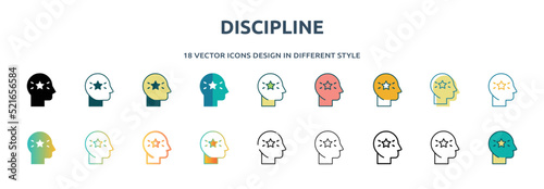 discipline icon in 18 different styles such as thin line, thick line, two color, glyph, colorful, lineal color, detailed, stroke and gradient. set of discipline vector for web, mobile, ui