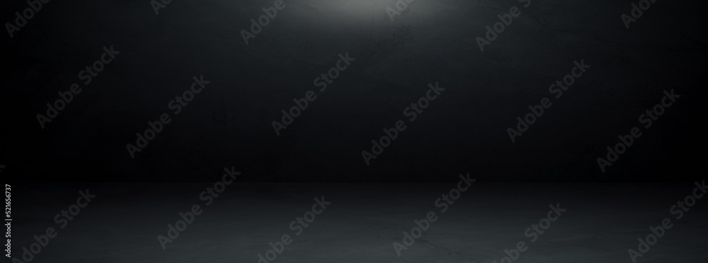 Empty dark concrete wall room studio background with soft light and floor perspective well editing montage display products and text present on free space cement backdrop