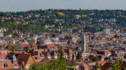Panorama of Stuttgart West  Germany  Wide view over houses  roofs  churches and buildings on a sunny summer day