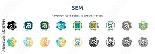 sem icon in 18 different styles such as thin line, thick line, two color, glyph, colorful, lineal color, detailed, stroke and gradient. set of sem vector for web, mobile, ui
