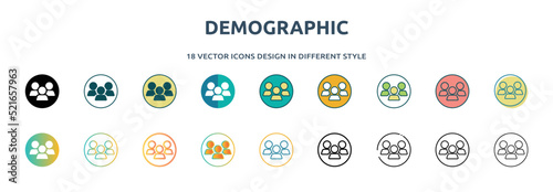 demographic icon in 18 different styles such as thin line, thick line, two color, glyph, colorful, lineal color, detailed, stroke and gradient. set of demographic vector for web, mobile, ui