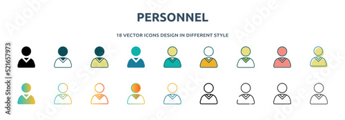 personnel icon in 18 different styles such as thin line, thick line, two color, glyph, colorful, lineal color, detailed, stroke and gradient. set of personnel vector for web, mobile, ui