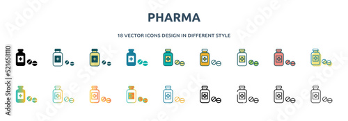 pharma icon in 18 different styles such as thin line, thick line, two color, glyph, colorful, lineal color, detailed, stroke and gradient. set of pharma vector for web, mobile, ui
