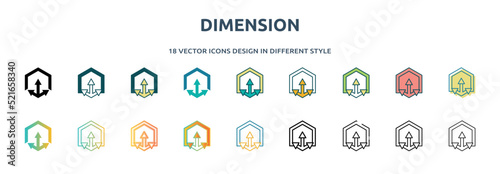 dimension icon in 18 different styles such as thin line, thick line, two color, glyph, colorful, lineal color, detailed, stroke and gradient. set of dimension vector for web, mobile, ui