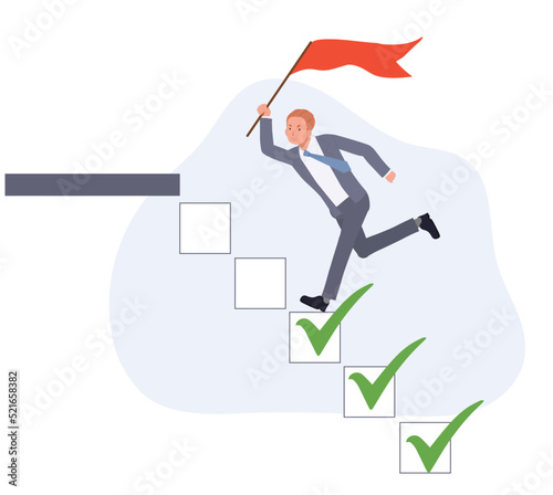 Businessman step on checklist to progress.  challenge to progress concept. to do list. vector illustration.