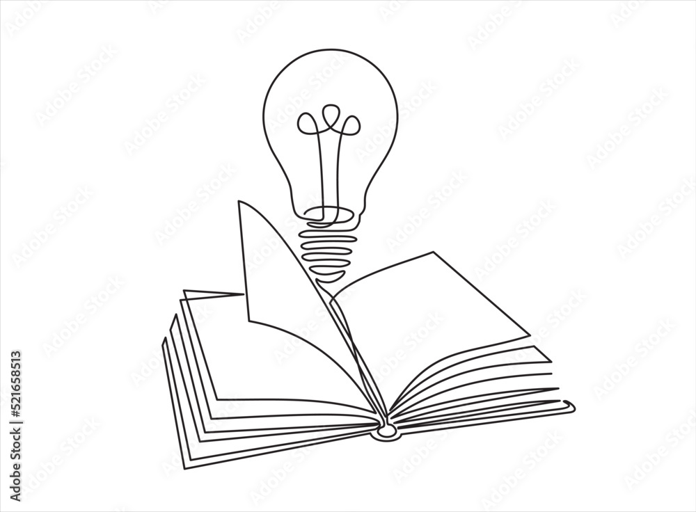 One single line drawing of shining light bulb above open text book logo identity. continuous line draw design graphic vector illustration One single line drawing of shining light bulb above open text book logo identity. continuous line draw design graphic vector illustration