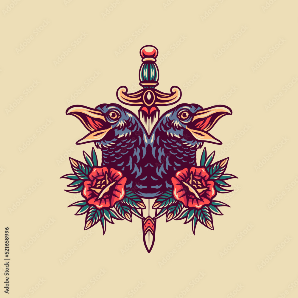 Fototapeta premium Twin Raven Retro Illustration