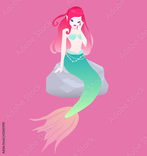 Pretty mermaid with green tale and pearls, isolated fantasy character.