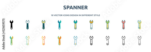 spanner icon in 18 different styles such as thin line, thick line, two color, glyph, colorful, lineal color, detailed, stroke and gradient. set of spanner vector for web, mobile, ui