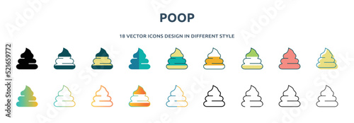 poop icon in 18 different styles such as thin line, thick line, two color, glyph, colorful, lineal color, detailed, stroke and gradient. set of poop vector for web, mobile, ui