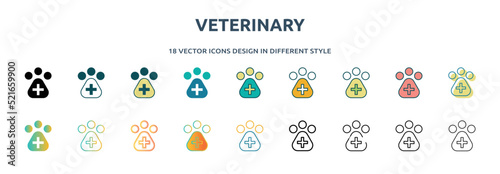 veterinary icon in 18 different styles such as thin line, thick line, two color, glyph, colorful, lineal color, detailed, stroke and gradient. set of veterinary vector for web, mobile, ui