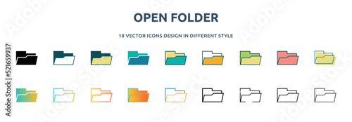 open folder icon in 18 different styles such as thin line, thick line, two color, glyph, colorful, lineal color, detailed, stroke and gradient. set of open folder vector for web, mobile, ui