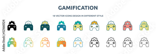 gamification icon in 18 different styles such as thin line, thick line, two color, glyph, colorful, lineal color, detailed, stroke and gradient. set of gamification vector for web, mobile, ui