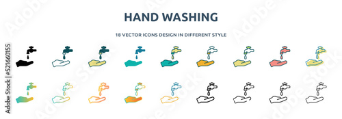 hand washing icon in 18 different styles such as thin line, thick line, two color, glyph, colorful, lineal color, detailed, stroke and gradient. set of hand washing vector for web, mobile, ui