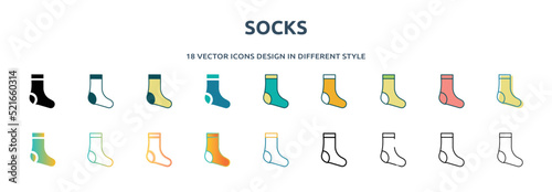 socks icon in 18 different styles such as thin line, thick line, two color, glyph, colorful, lineal color, detailed, stroke and gradient. set of socks vector for web, mobile, ui