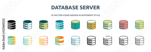 database server icon in 18 different styles such as thin line, thick line, two color, glyph, colorful, lineal color, detailed, stroke and gradient. set of database server vector for web, mobile, ui