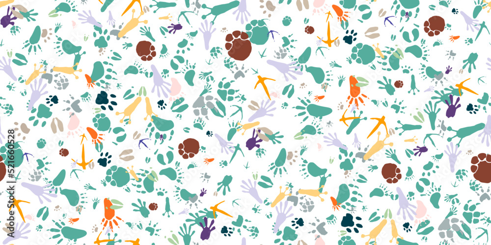 Fototapeta Seamless pattern with traces of various animals and birds in cartoon style isolated on white background