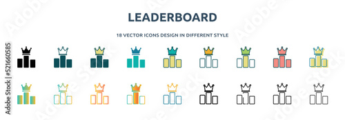 leaderboard icon in 18 different styles such as thin line, thick line, two color, glyph, colorful, lineal color, detailed, stroke and gradient. set of leaderboard vector for web, mobile, ui