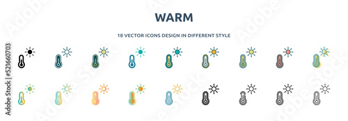 warm icon in 18 different styles such as thin line, thick line, two color, glyph, colorful, lineal color, detailed, stroke and gradient. set of warm vector for web, mobile, ui