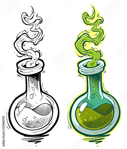 Cartoon chemical flask with green liquid and gas bubbles. Vector icon isolated on white background.