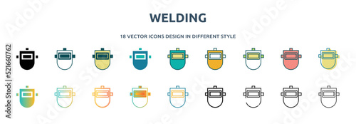welding icon in 18 different styles such as thin line, thick line, two color, glyph, colorful, lineal color, detailed, stroke and gradient. set of welding vector for web, mobile, ui
