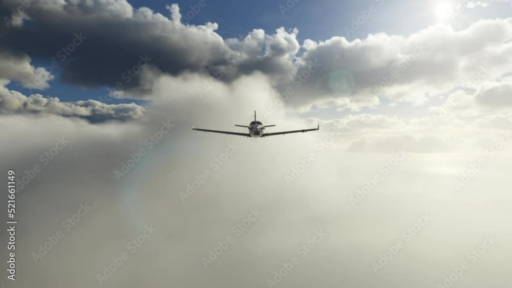 Front view of a generic small private airplane flying through clouds.  A plane with one propeller engine traveling above the ocean.